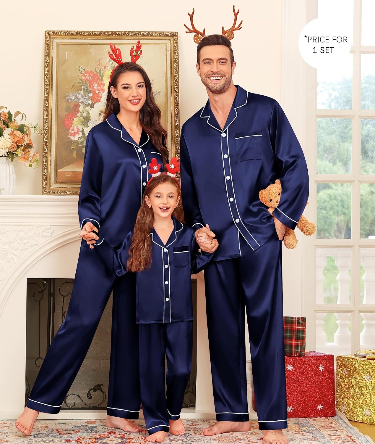 image:imageSWOMOG Family Satin Matching Pajama Set Long Sleeve Sleepwear 2 Pcs Pj SetDeep Navy Blue