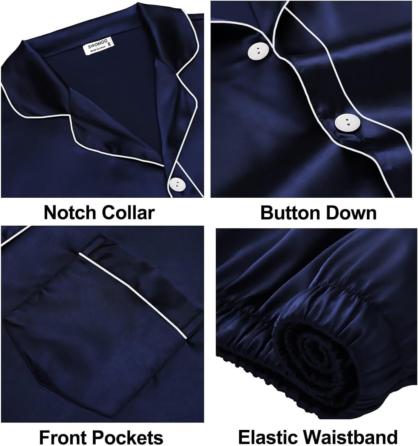 image:imageSWOMOG Family Satin Matching Pajama Set Long Sleeve Sleepwear 2 Pcs Pj SetDeep Navy Blue