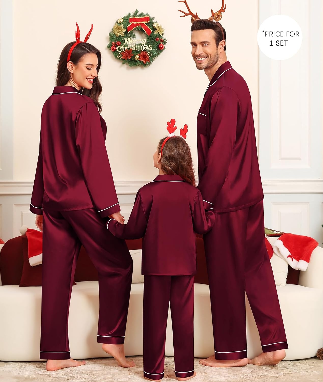 image:imageSWOMOG Family Satin Matching Pajama Set Long Sleeve Sleepwear 2 Pcs Pj SetDeep Wine Red