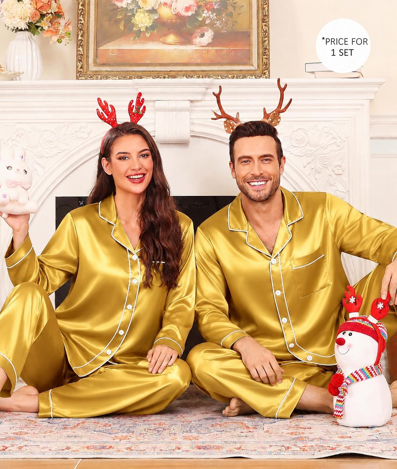 image:imageSWOMOG Family Satin Matching Pajama Set Long Sleeve Sleepwear 2 Pcs Pj SetGold