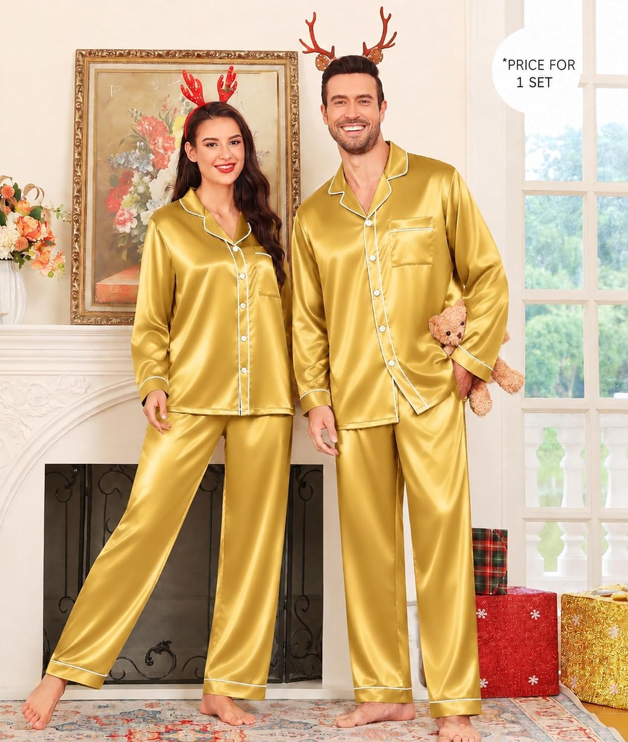 image:imageSWOMOG Family Satin Matching Pajama Set Long Sleeve Sleepwear 2 Pcs Pj SetGold