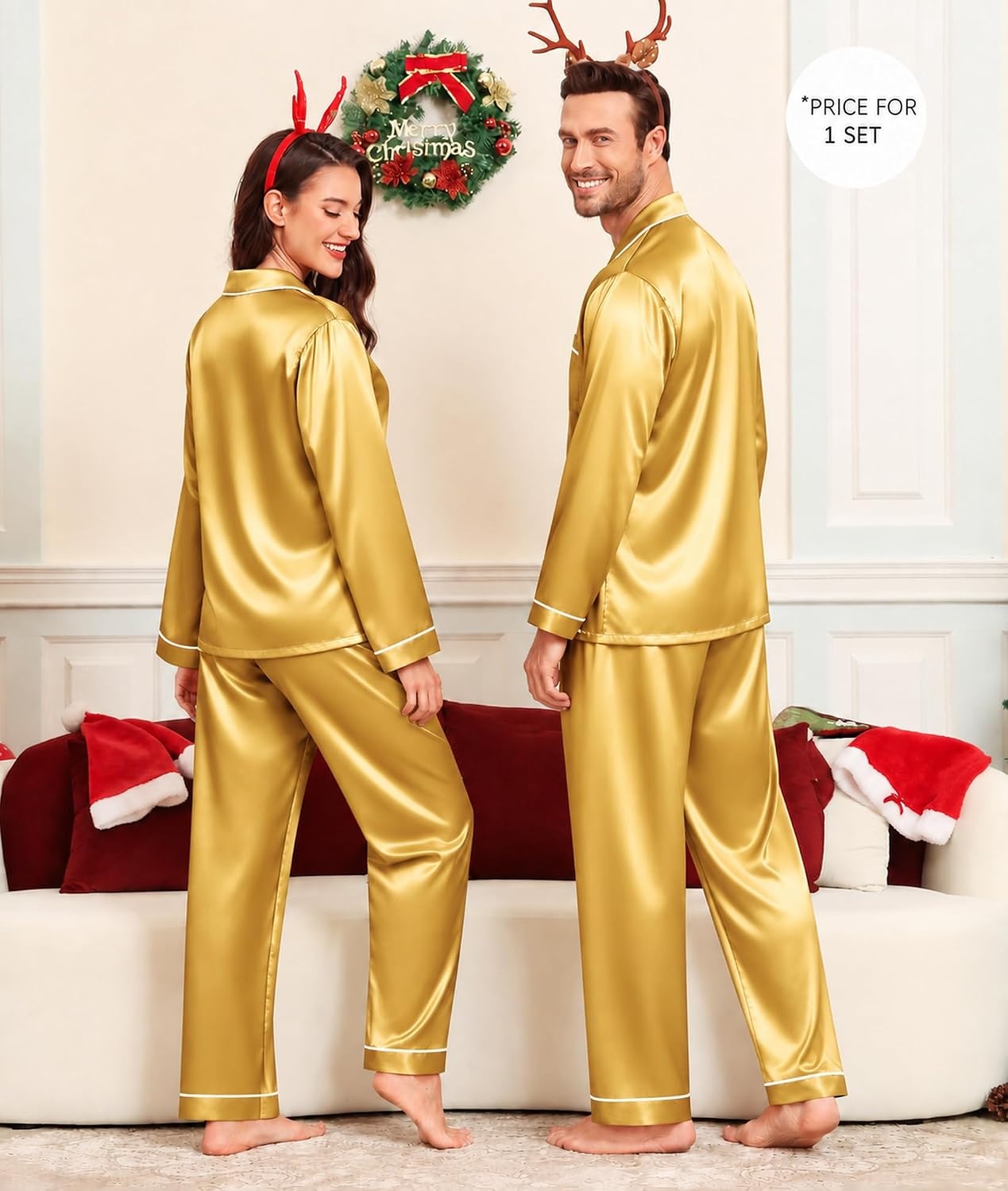 image:imageSWOMOG Family Satin Matching Pajama Set Long Sleeve Sleepwear 2 Pcs Pj SetGold