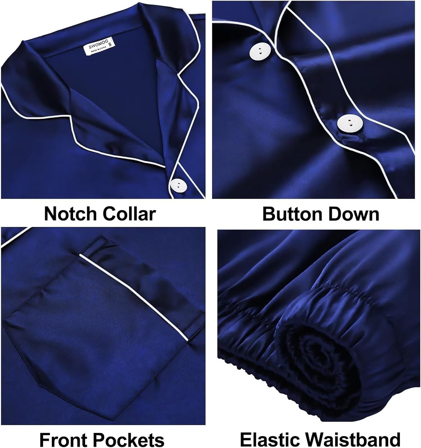 image:imageSWOMOG Family Satin Matching Pajama Set Long Sleeve Sleepwear 2 Pcs Pj SetNavy Blue