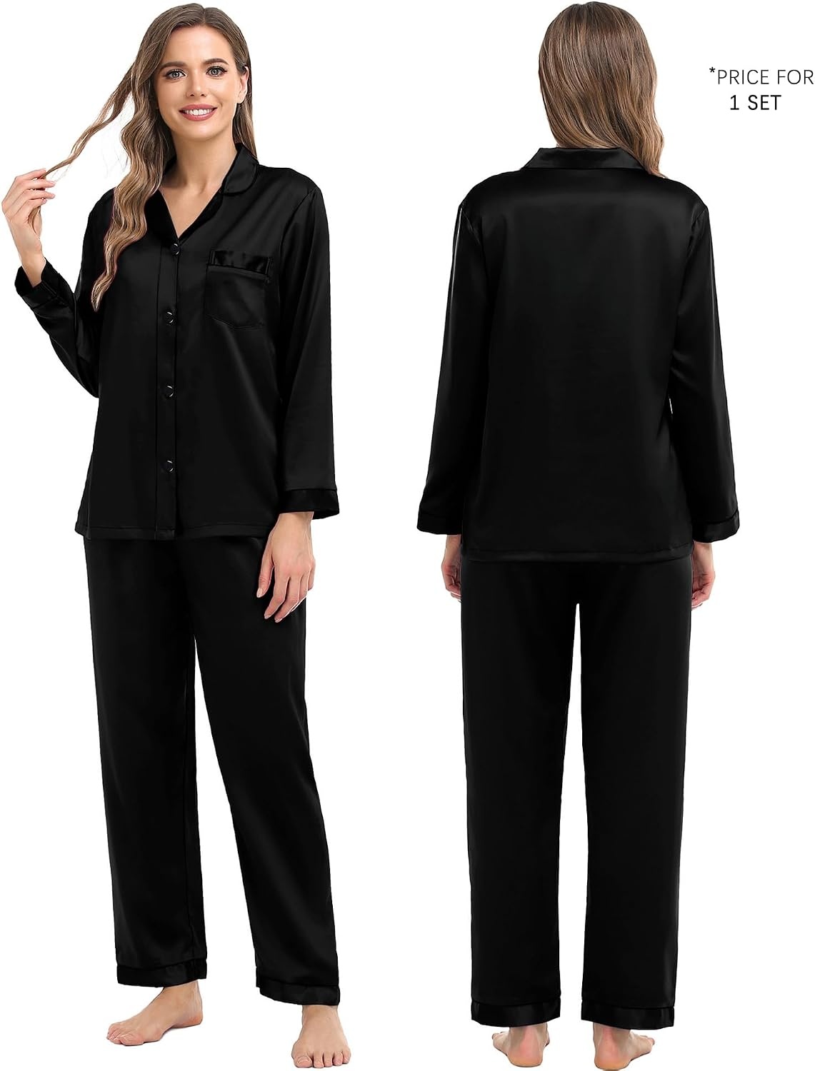 image:imageSWOMOG Family Satin Matching Pajama Set Long Sleeve Sleepwear 2 Pcs Pj SetPure Black