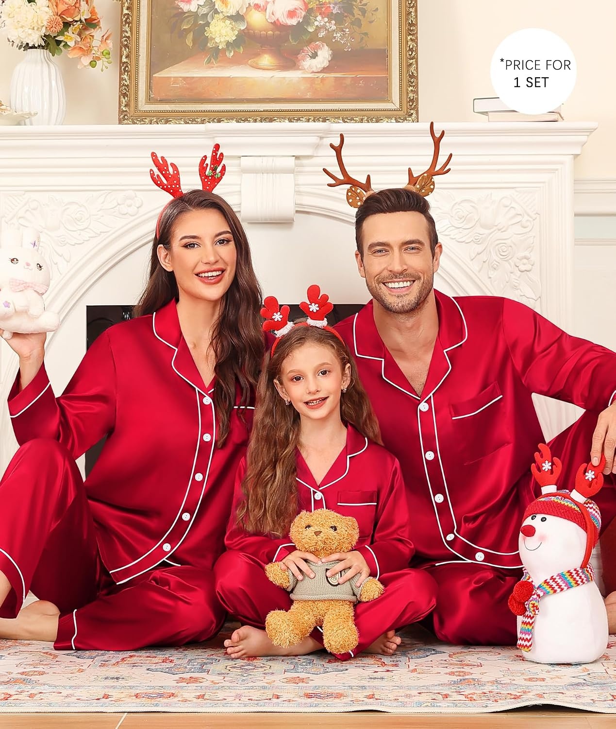 image:imageSWOMOG Family Satin Matching Pajama Set Long Sleeve Sleepwear 2 Pcs Pj SetRed