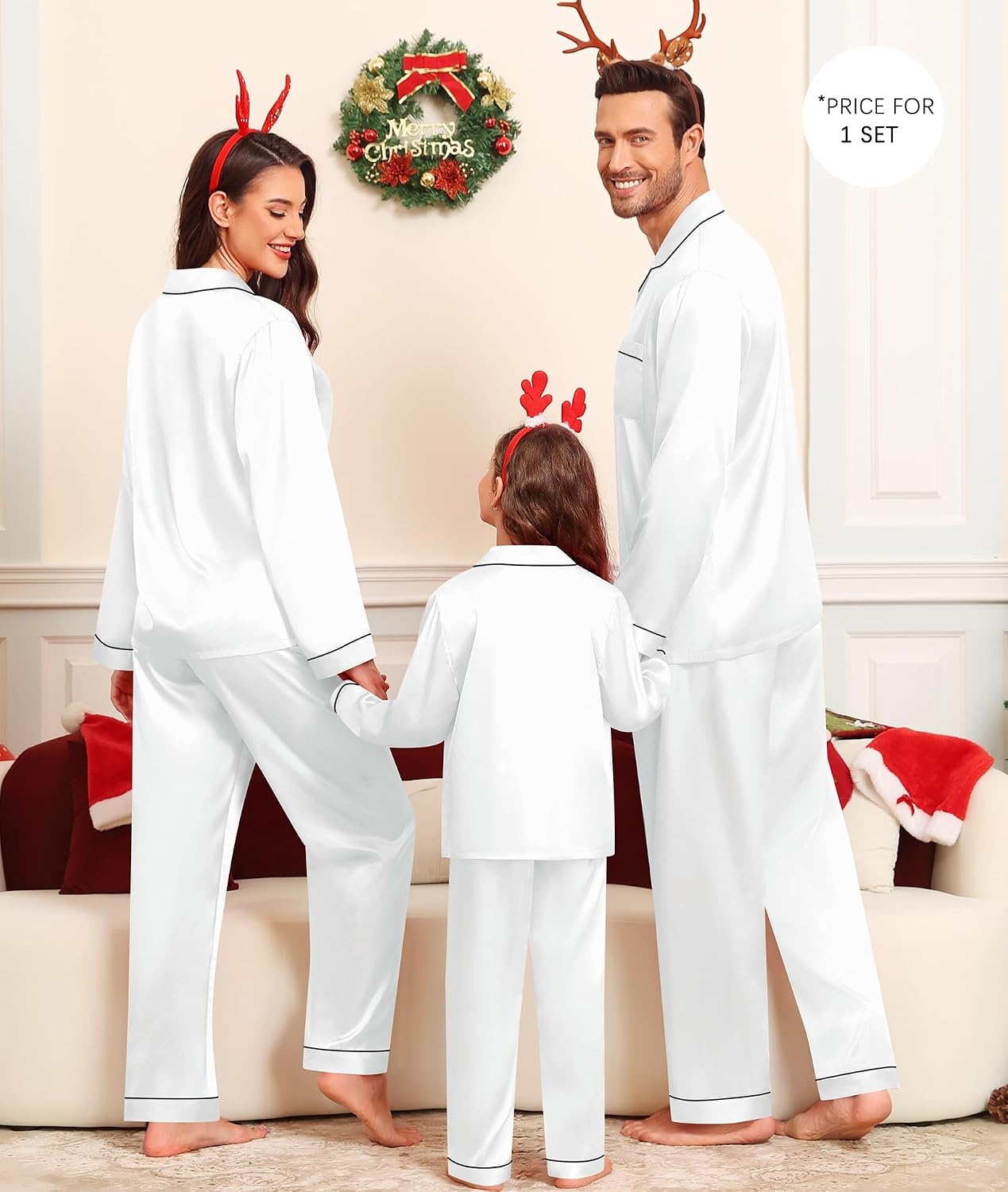 image:imageSWOMOG Family Satin Matching Pajama Set Long Sleeve Sleepwear 2 Pcs Pj SetWhite
