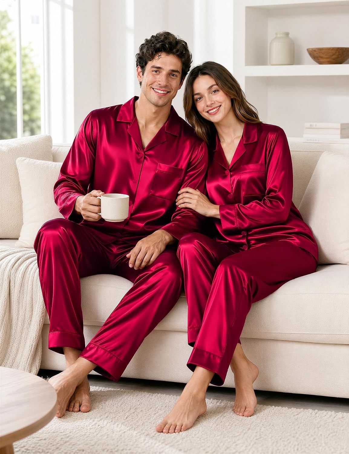 image:imageSWOMOG Family Satin Pajama Set Long Sleeve Sleepwear Button Down Loungewear Silky Pj Set with Long PantsBurgundy