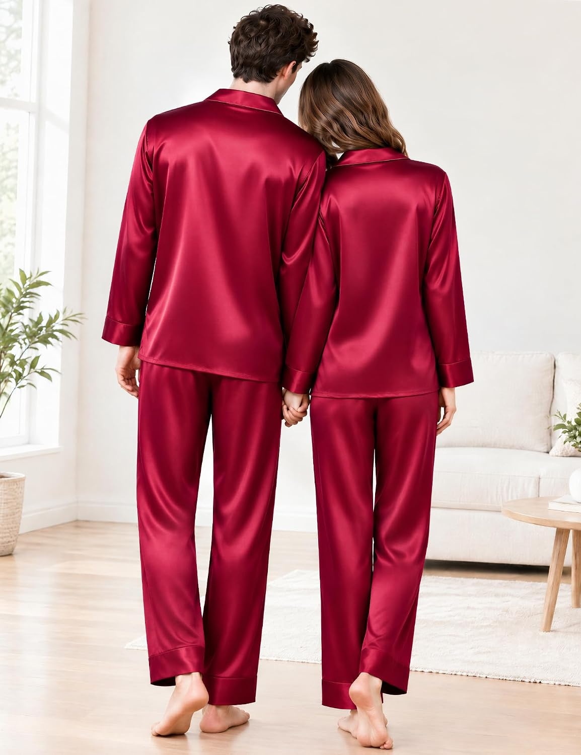 image:imageSWOMOG Family Satin Pajama Set Long Sleeve Sleepwear Button Down Loungewear Silky Pj Set with Long PantsBurgundy