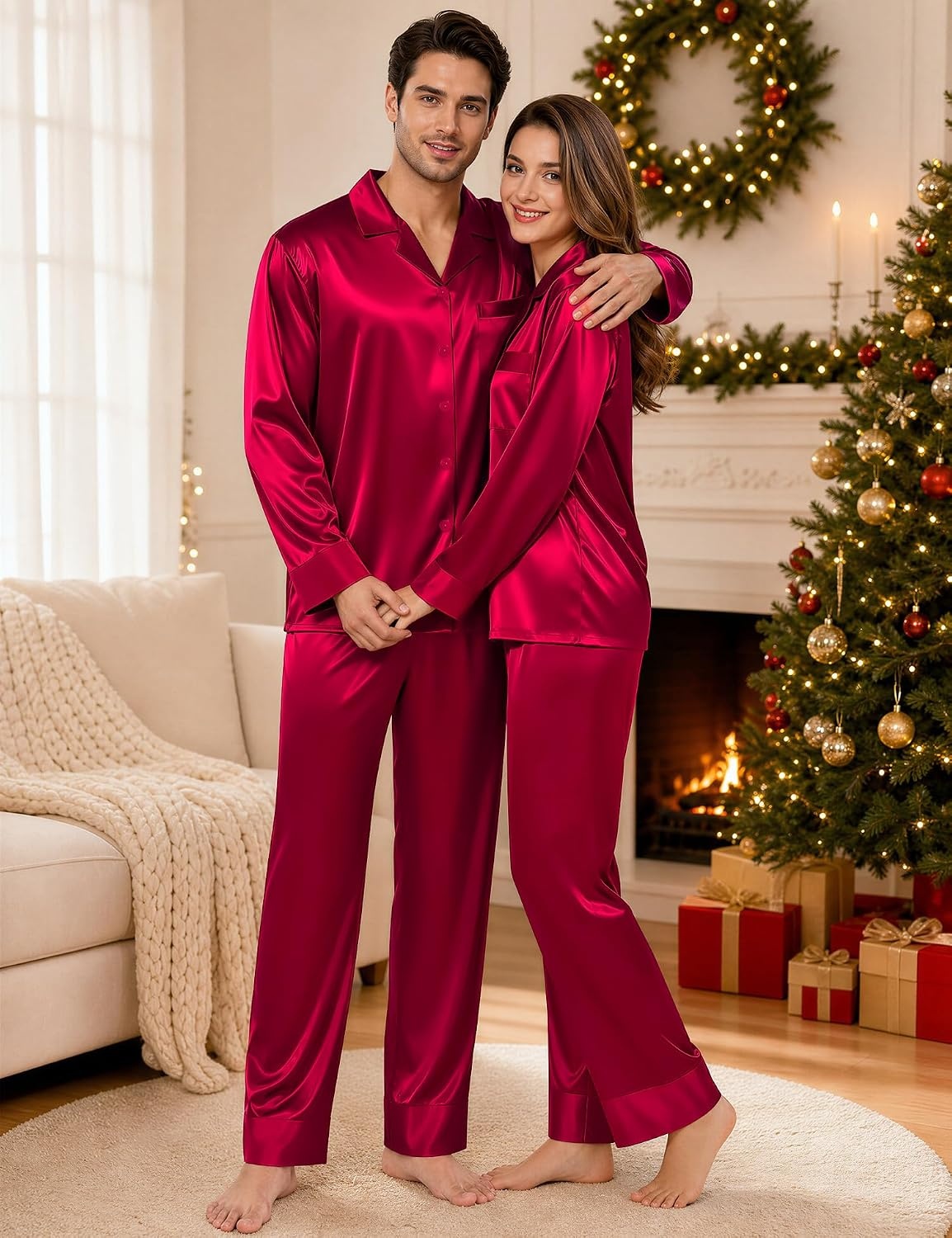 image:imageSWOMOG Family Satin Pajama Set Long Sleeve Sleepwear Button Down Loungewear Silky Pj Set with Long PantsBurgundy