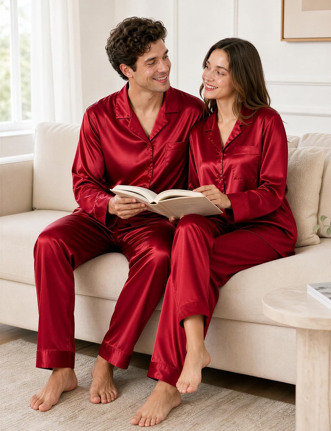 image:imageSWOMOG Family Satin Pajama Set Long Sleeve Sleepwear Button Down Loungewear Silky Pj Set with Long PantsBurgundy