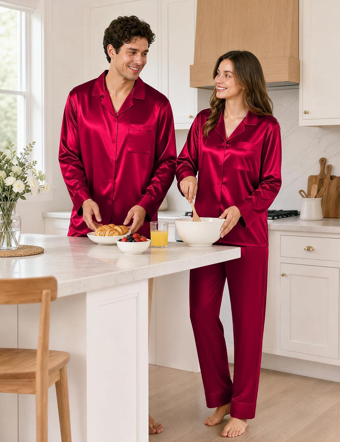 image:imageSWOMOG Family Satin Pajama Set Long Sleeve Sleepwear Button Down Loungewear Silky Pj Set with Long PantsBurgundy