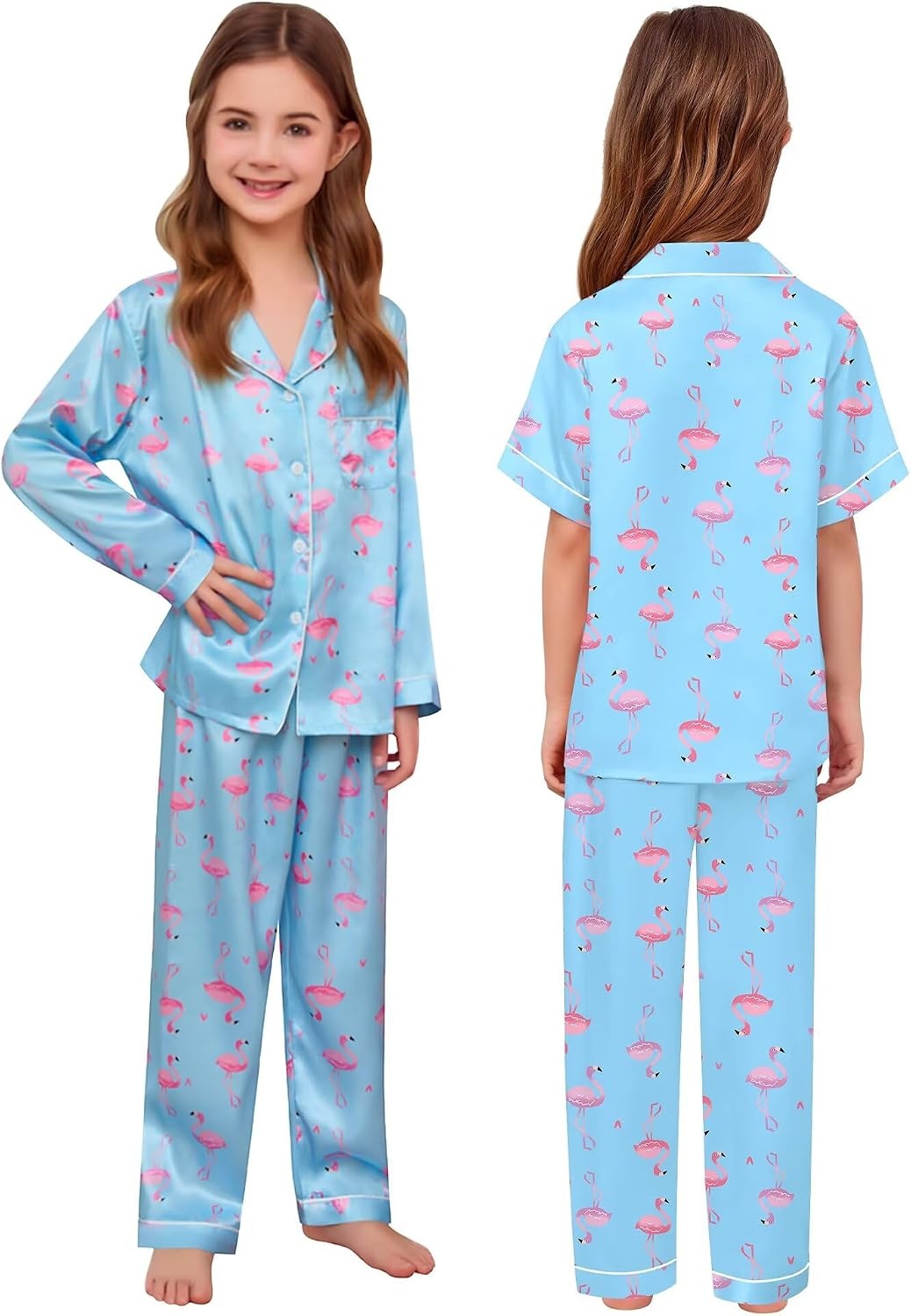 image:imageSWOMOG Kids Satin Pajamas Sets Girls Boys ButtonDown Pjs Short Sleeve Silk Nightwear 2 Piece Lounge SetsLong Sleeveblue Champagne