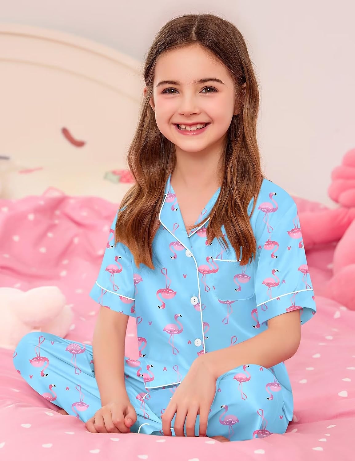 image:imageSWOMOG Kids Satin Pajamas Sets Girls Boys ButtonDown Pjs Short Sleeve Silk Nightwear 2 Piece Lounge SetsLong Sleeveblue Champagne