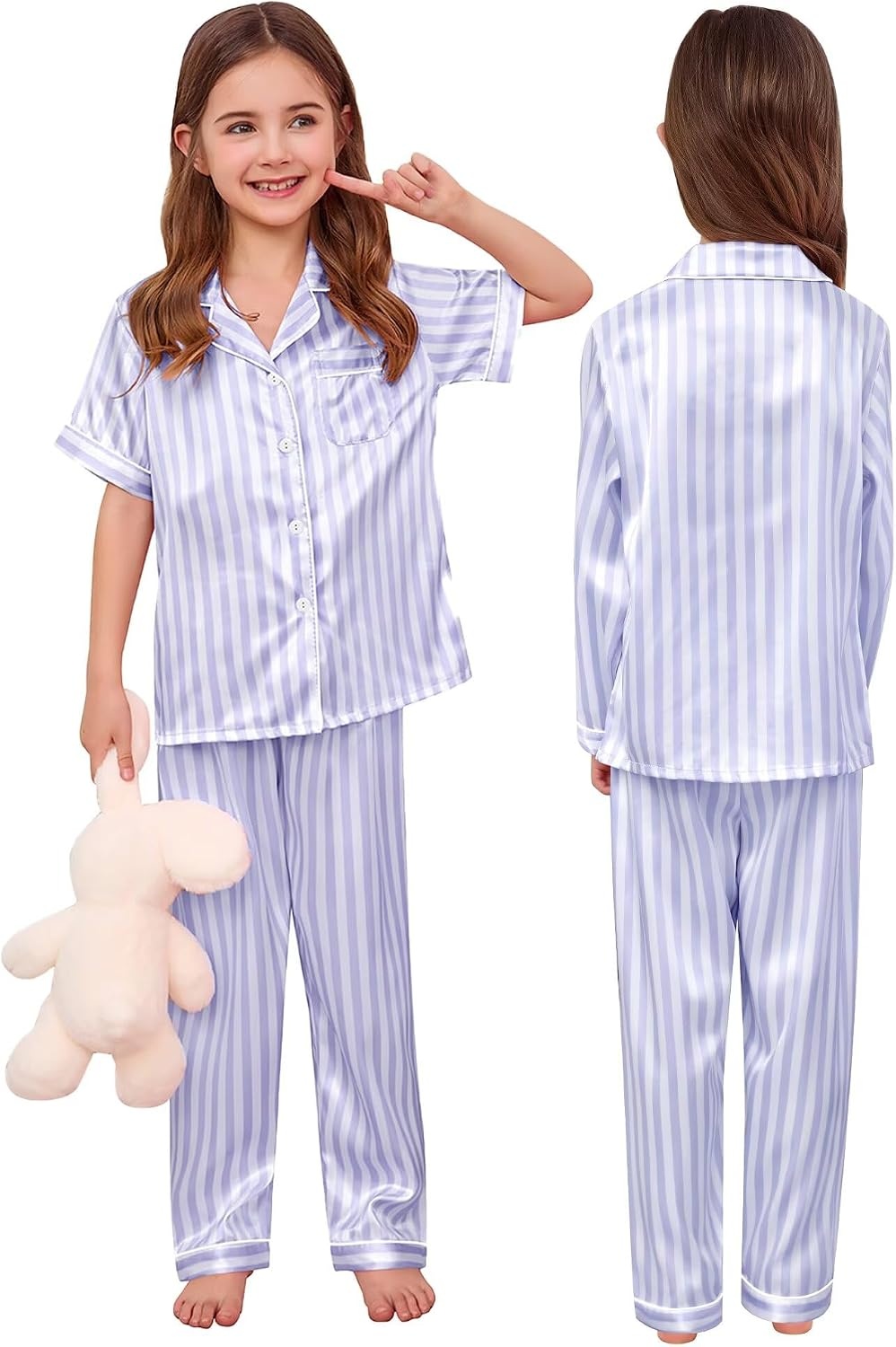 image:imageSWOMOG Kids Satin Pajamas Sets Girls Boys ButtonDown Pjs Short Sleeve Silk Nightwear 2 Piece Lounge SetsLong Sleeveblue Striped