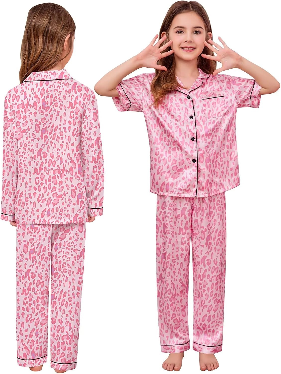 image:imageSWOMOG Kids Satin Pajamas Sets Girls Boys ButtonDown Pjs Short Sleeve Silk Nightwear 2 Piece Lounge SetsLong Sleevepink Print Leopard