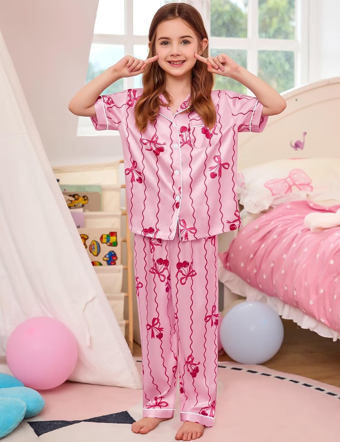 image:imageSWOMOG Kids Satin Pajamas Sets Girls Boys ButtonDown Pjs Short Sleeve Silk Nightwear 2 Piece Lounge SetsLong Sleevepink Stripes