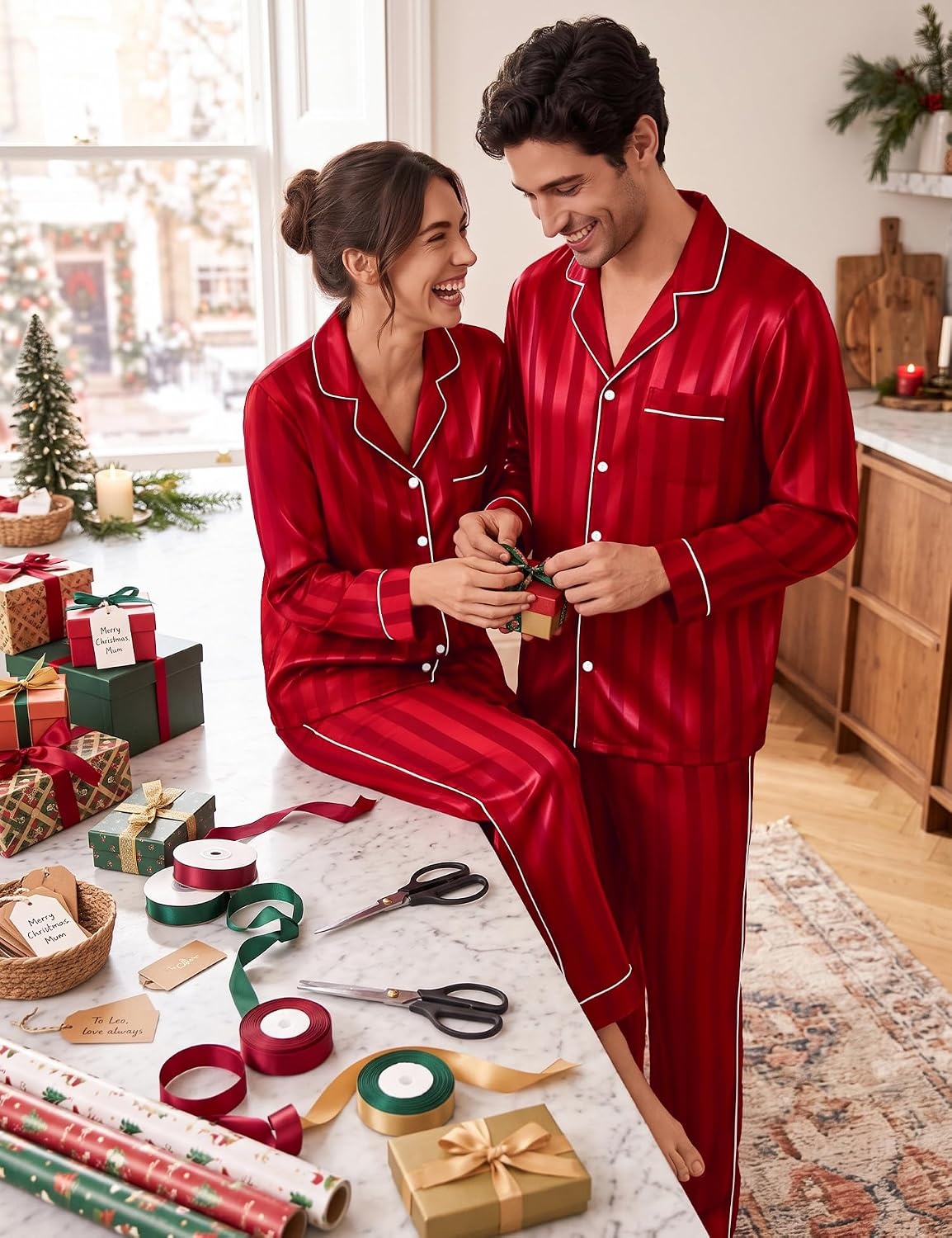 image:imageSWOMOG Matching Family Christmas Pajamas Set Couple Silk Satin Pj Set Button Down WomenMenKids Holiday SleepwearRed Striped