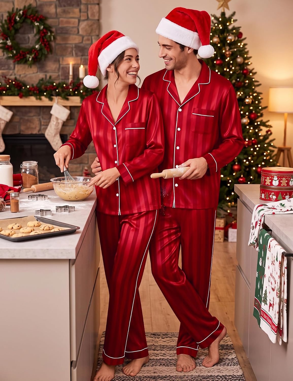 image:imageSWOMOG Matching Family Christmas Pajamas Set Couple Silk Satin Pj Set Button Down WomenMenKids Holiday SleepwearRed Striped