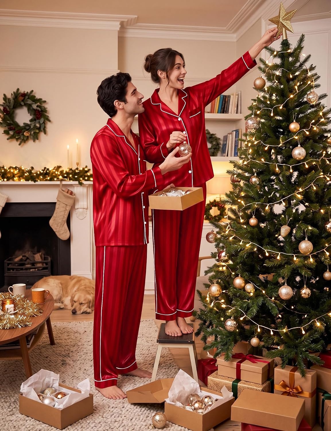 image:imageSWOMOG Matching Family Christmas Pajamas Set Couple Silk Satin Pj Set Button Down WomenMenKids Holiday SleepwearRed Striped