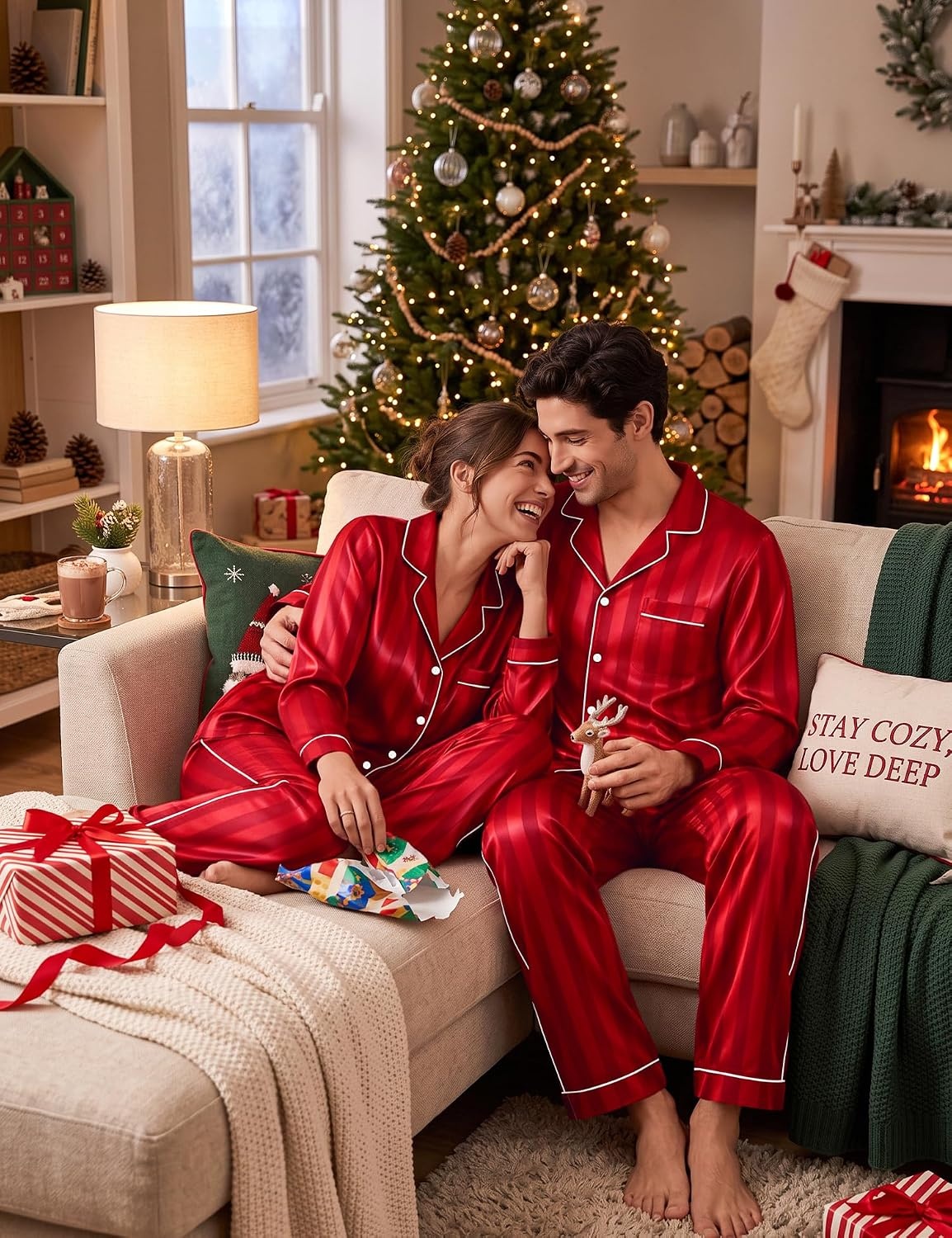 image:imageSWOMOG Matching Family Christmas Pajamas Set Couple Silk Satin Pj Set Button Down WomenMenKids Holiday SleepwearRed Striped