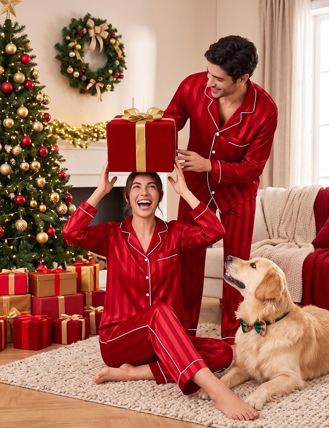 image:imageSWOMOG Matching Family Christmas Pajamas Set Couple Silk Satin Pj Set Button Down WomenMenKids Holiday SleepwearRed Striped