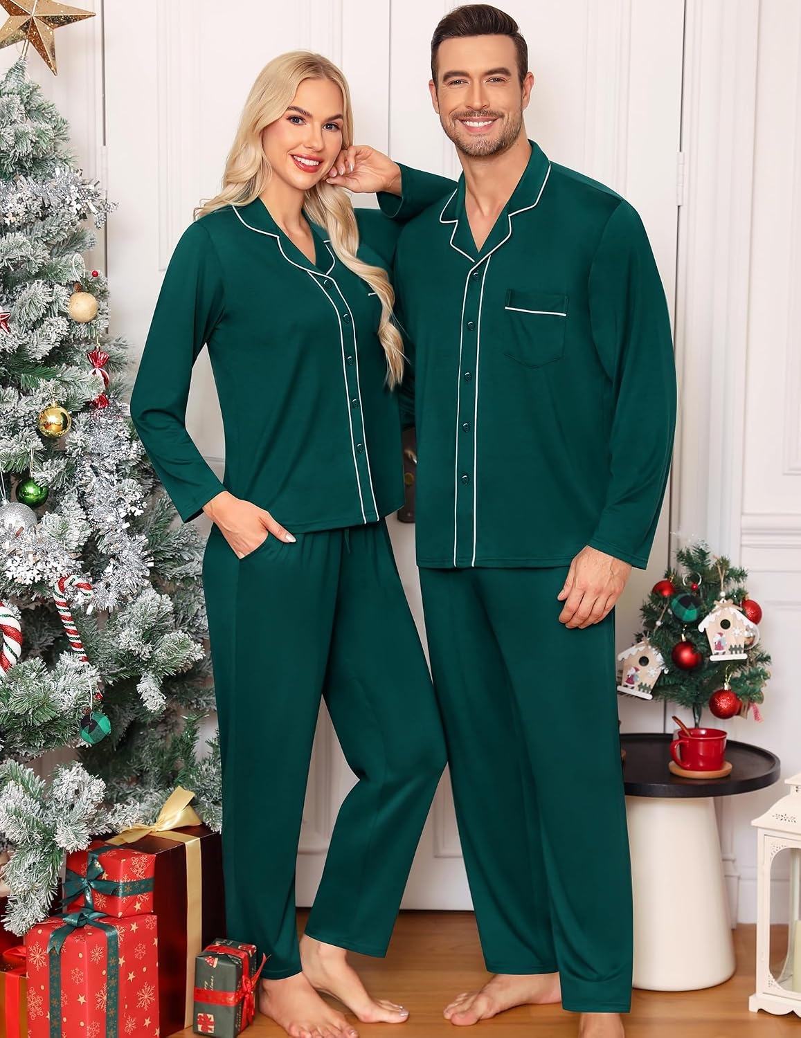 image:imageSWOMOG Matching Family Pajama Set Long Sleeve Christmas Pajama Button Down Holiday Sleepwear Set with PocketsGreen
