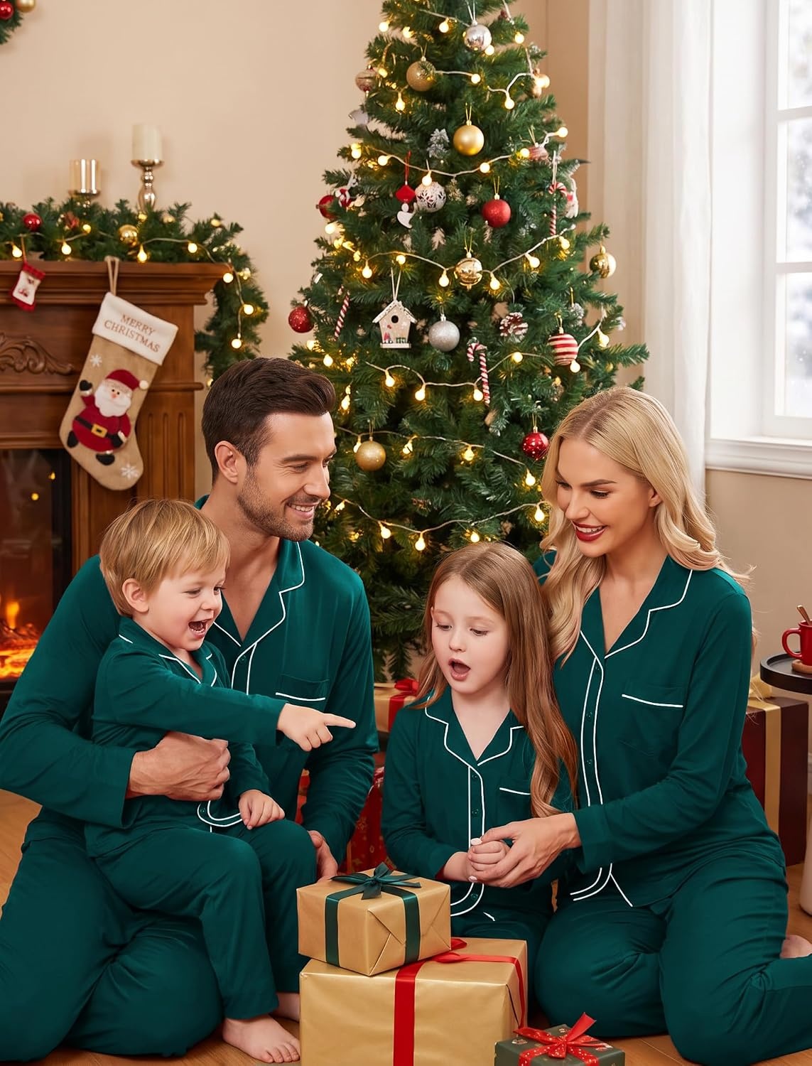 image:imageSWOMOG Matching Family Pajama Set Long Sleeve Christmas Pajama Button Down Holiday Sleepwear Set with PocketsGreen