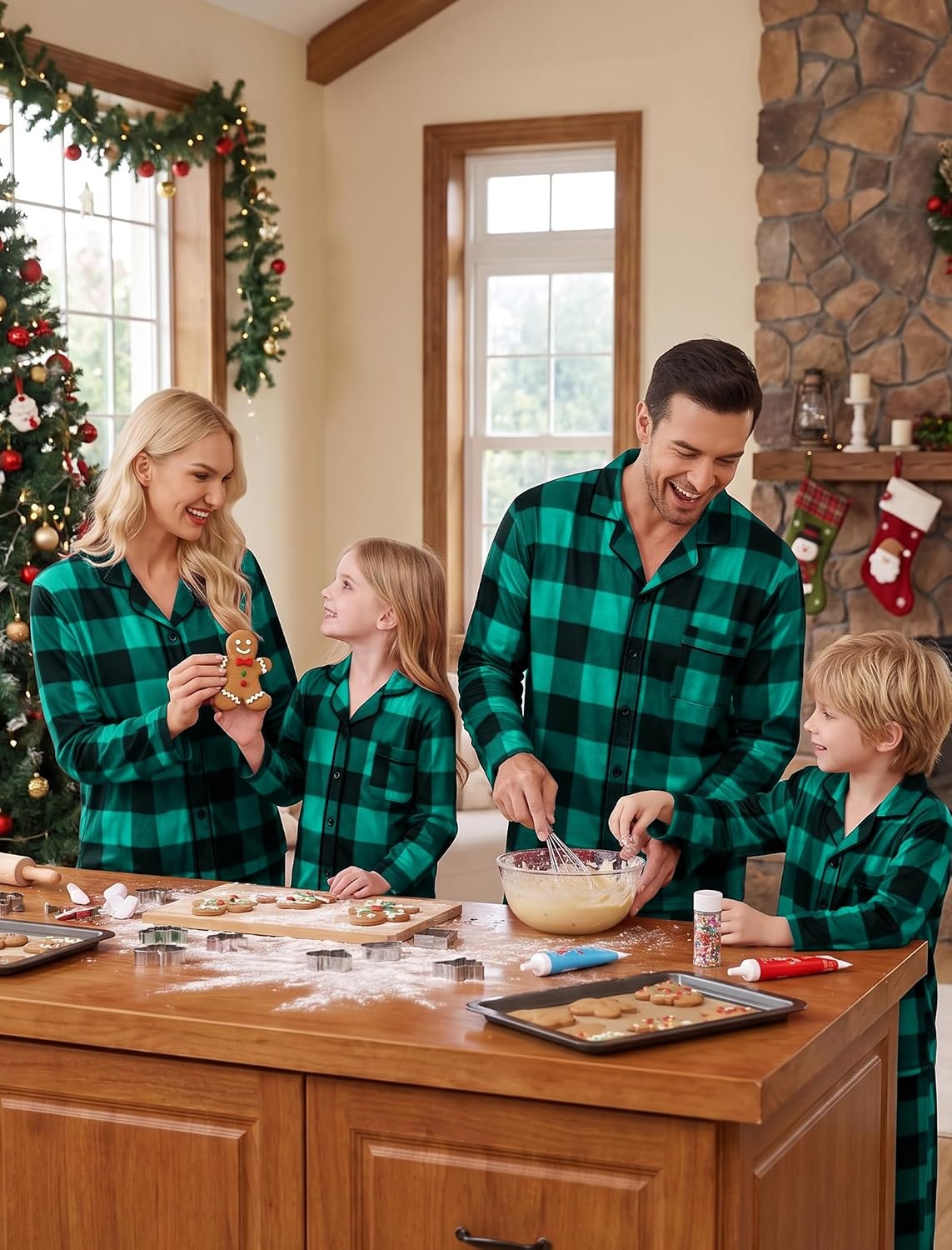 image:imageSWOMOG Matching Family Pajama Set Long Sleeve Christmas Pajama Button Down Holiday Sleepwear Set with PocketsGreen Plaid