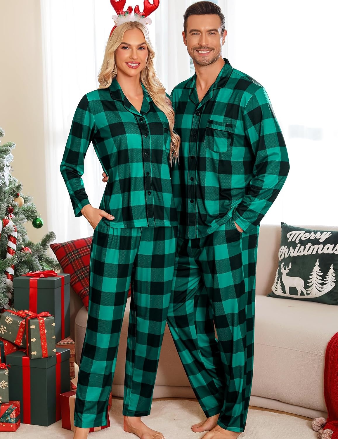 image:imageSWOMOG Matching Family Pajama Set Long Sleeve Christmas Pajama Button Down Holiday Sleepwear Set with PocketsGreen Plaid