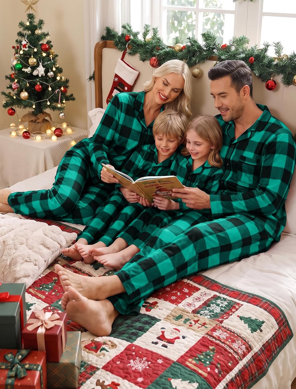 image:imageSWOMOG Matching Family Pajama Set Long Sleeve Christmas Pajama Button Down Holiday Sleepwear Set with PocketsGreen Plaid