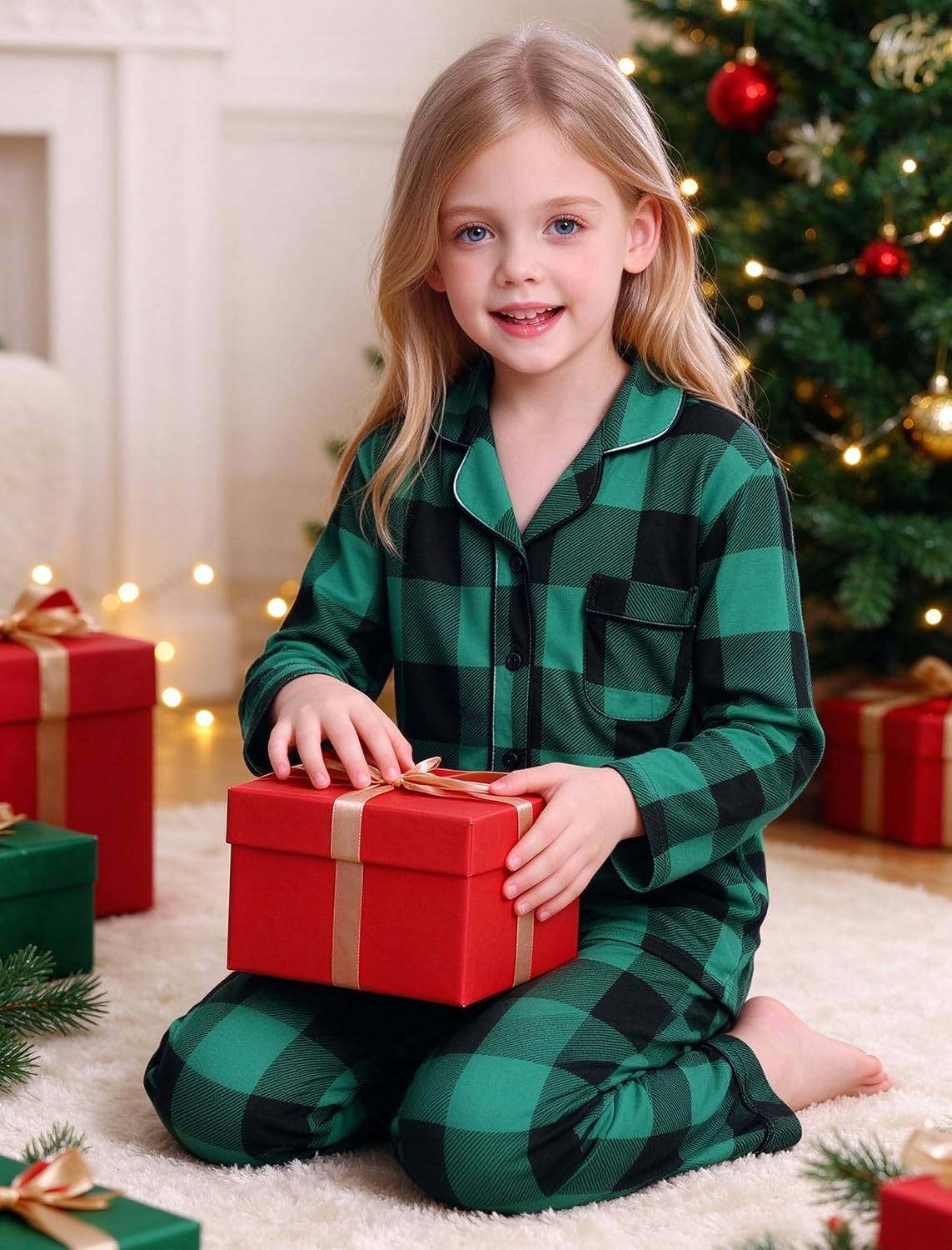 image:imageSWOMOG Matching Family Pajama Set Long Sleeve Christmas Pajama Button Down Holiday Sleepwear Set with PocketsGreen Plaid