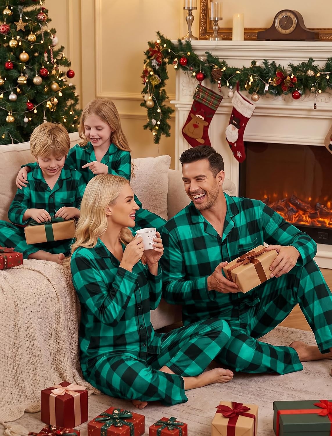 image:imageSWOMOG Matching Family Pajama Set Long Sleeve Christmas Pajama Button Down Holiday Sleepwear Set with PocketsGreen Plaid