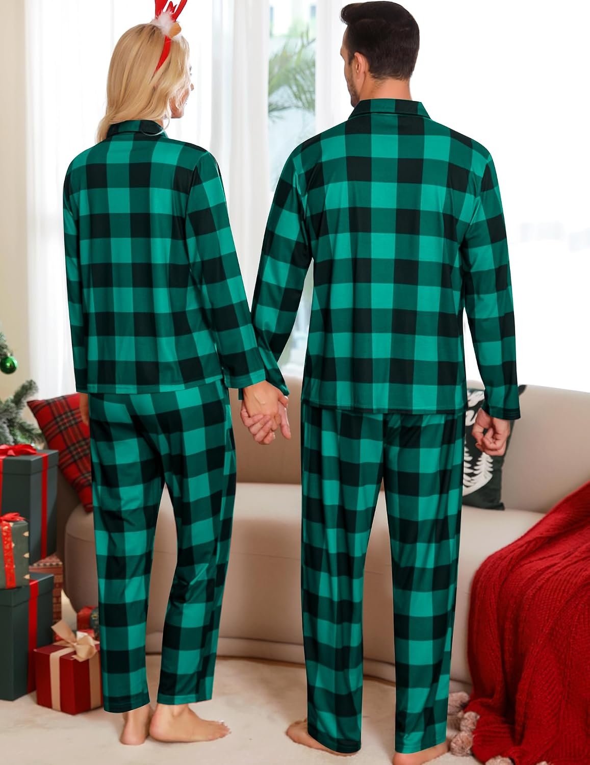 image:imageSWOMOG Matching Family Pajama Set Long Sleeve Christmas Pajama Button Down Holiday Sleepwear Set with PocketsGreen Plaid