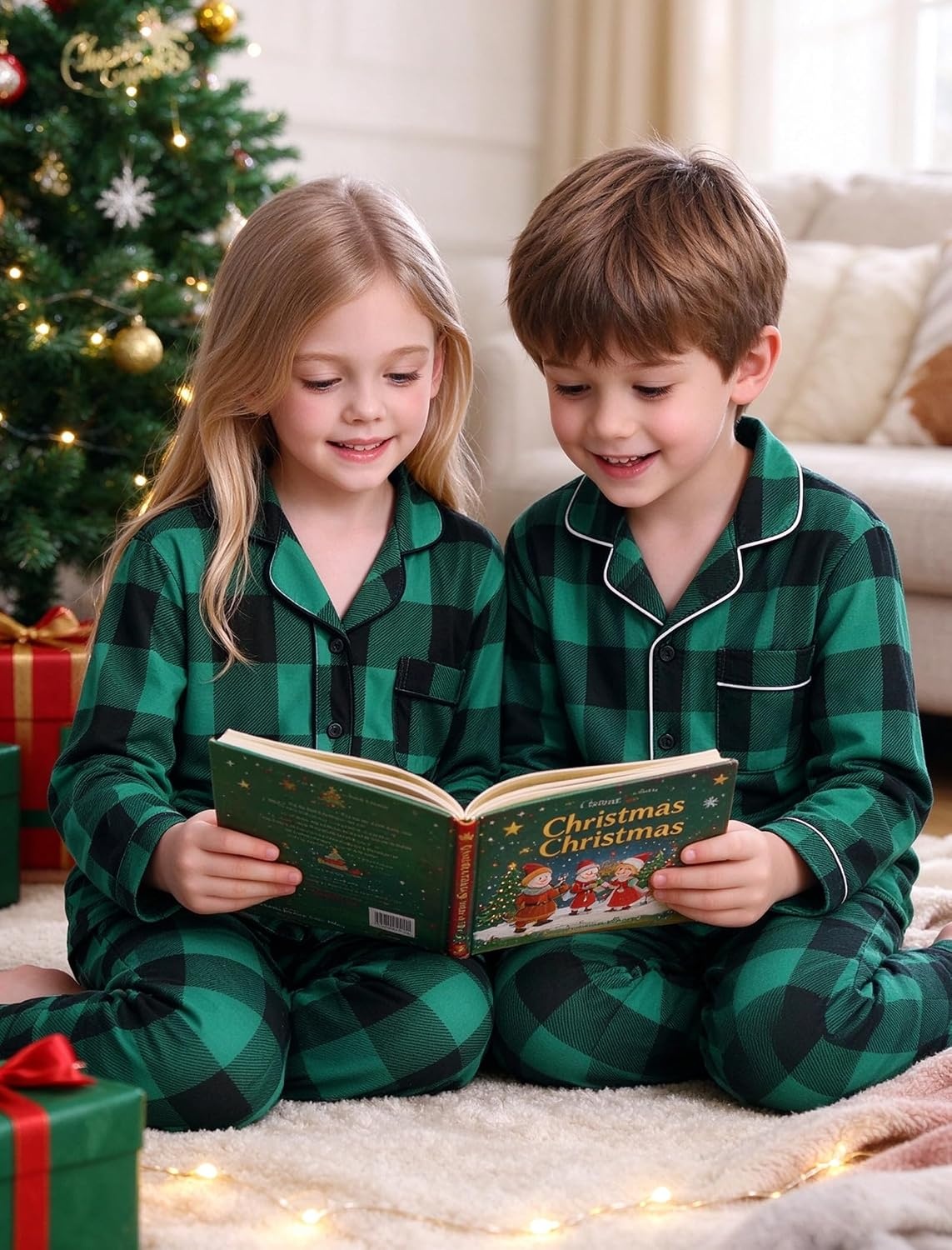 image:imageSWOMOG Matching Family Pajama Set Long Sleeve Christmas Pajama Button Down Holiday Sleepwear Set with PocketsGreen Plaid