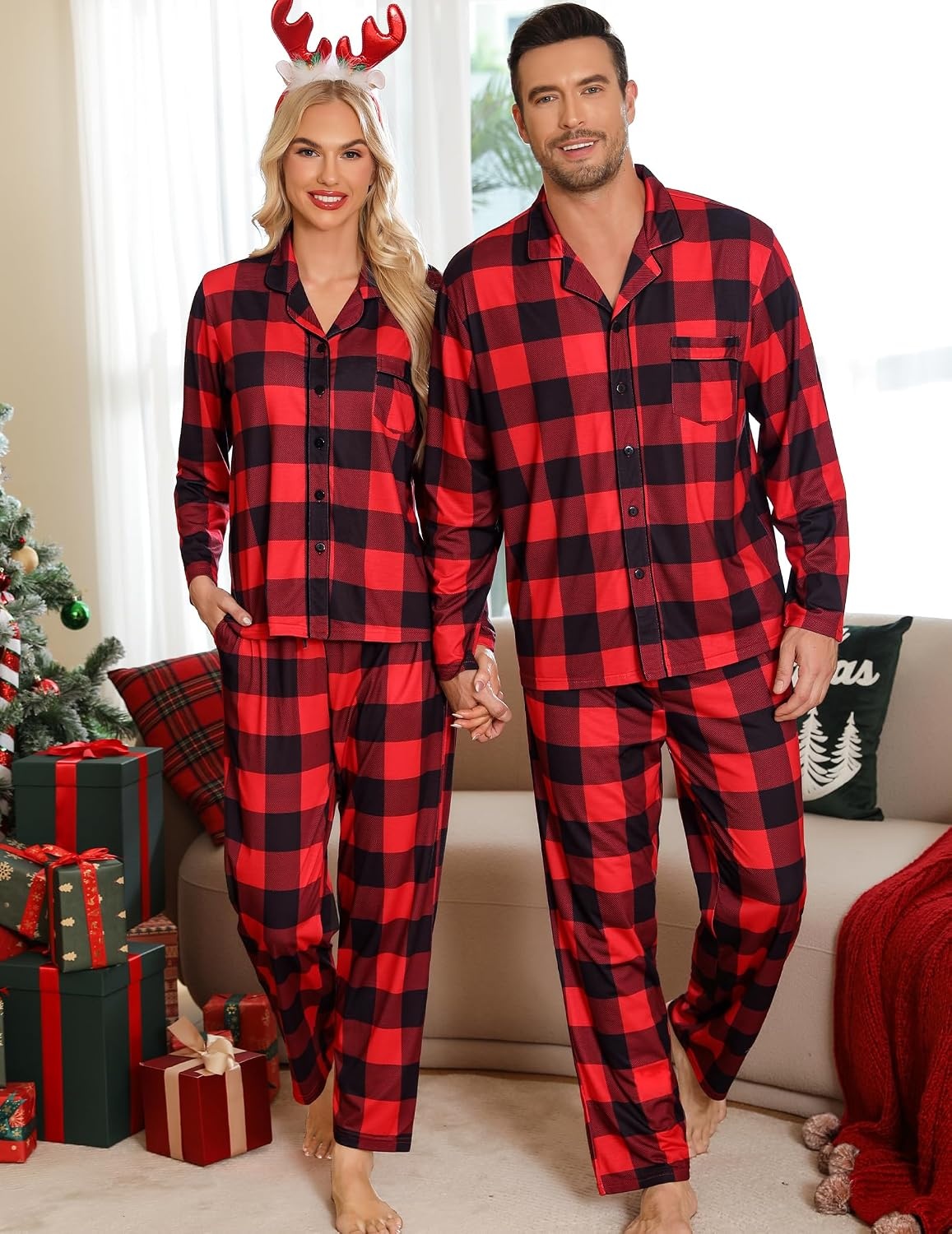 image:imageSWOMOG Matching Family Pajama Set Long Sleeve Christmas Pajama Button Down Holiday Sleepwear Set with PocketsRed Plaid
