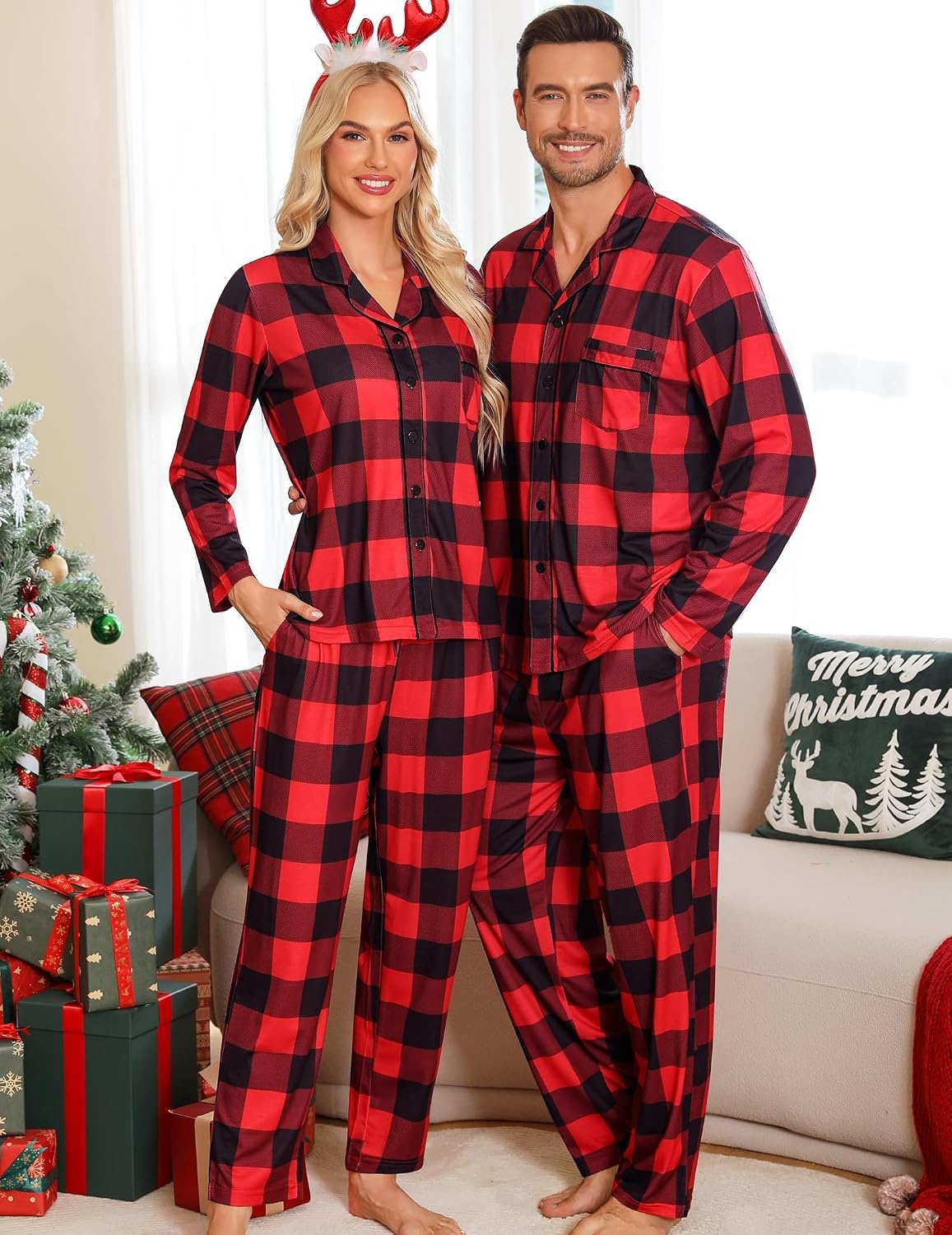 image:imageSWOMOG Matching Family Pajama Set Long Sleeve Christmas Pajama Button Down Holiday Sleepwear Set with PocketsRed Plaid