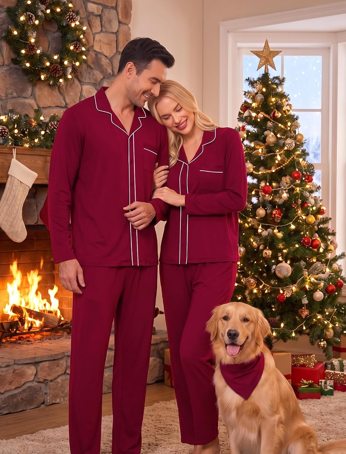 image:imageSWOMOG Matching Family Pajama Set Long Sleeve Christmas Pajama Button Down Holiday Sleepwear Set with PocketsWine Red