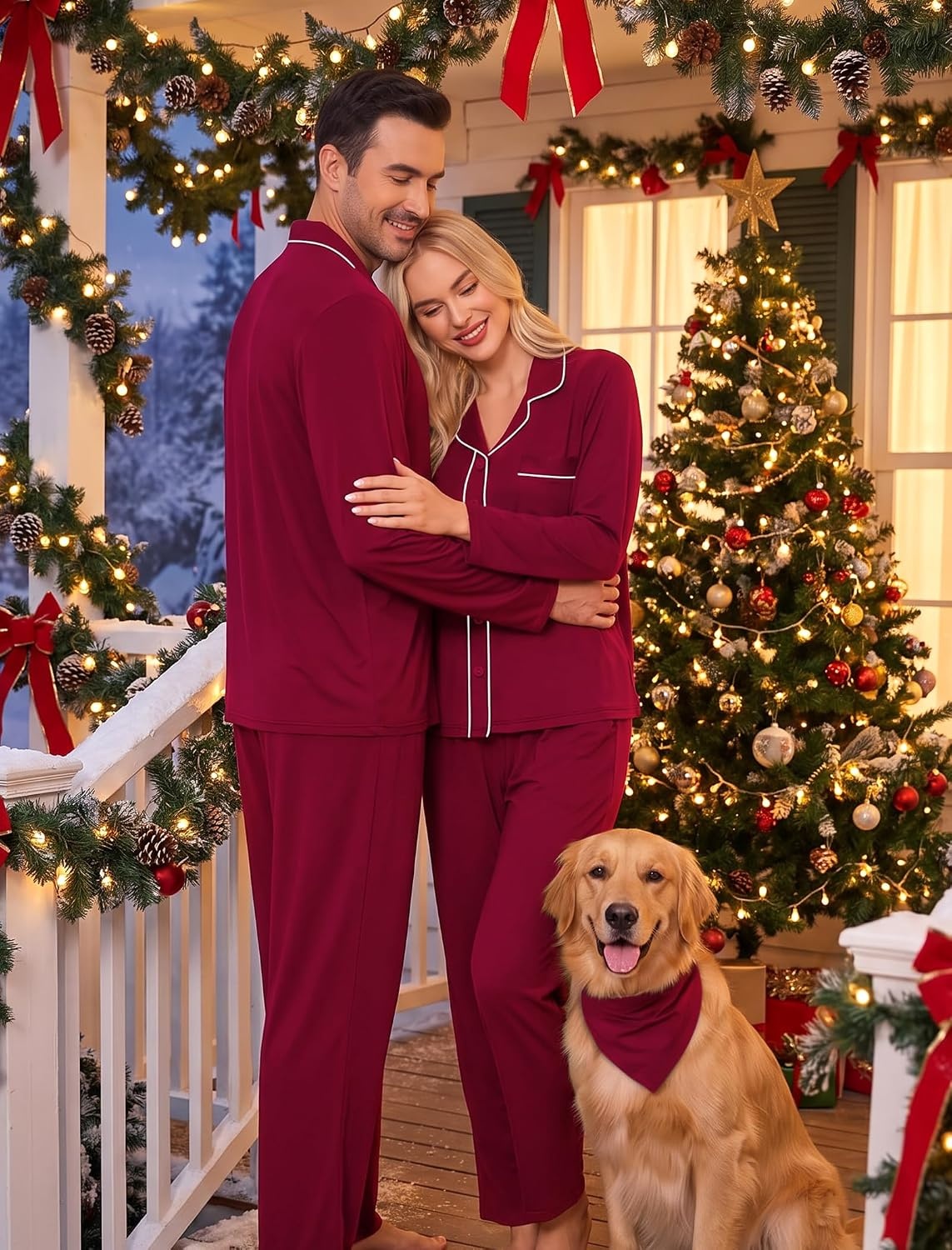 image:imageSWOMOG Matching Family Pajama Set Long Sleeve Christmas Pajama Button Down Holiday Sleepwear Set with PocketsWine Red