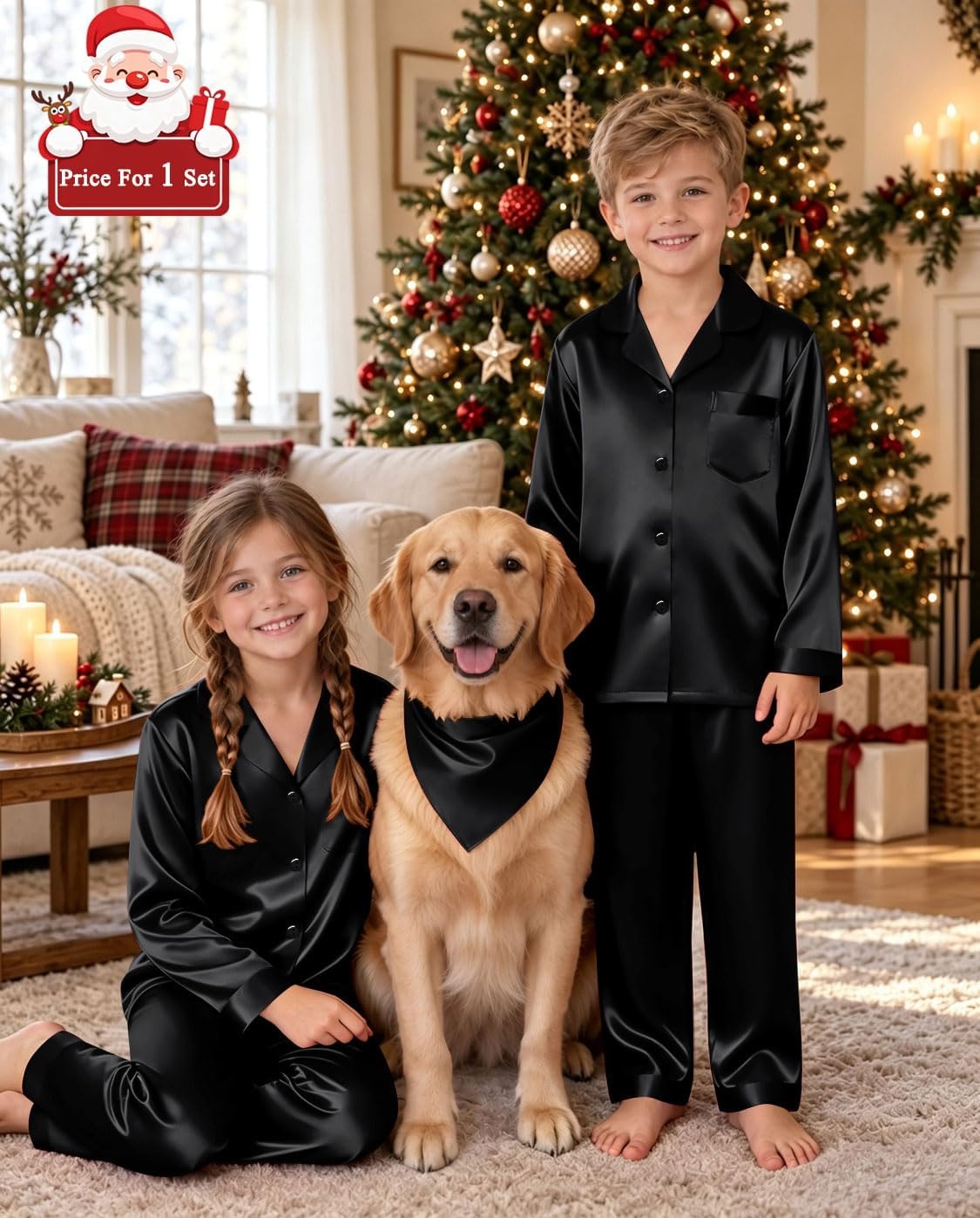 image:imageSWOMOG Matching Family Pajamas Set Silky Satin Christmas Pj Set Long Sleeve Button Down Sleepwear 2 Pcs Couple Matching SetBlack
