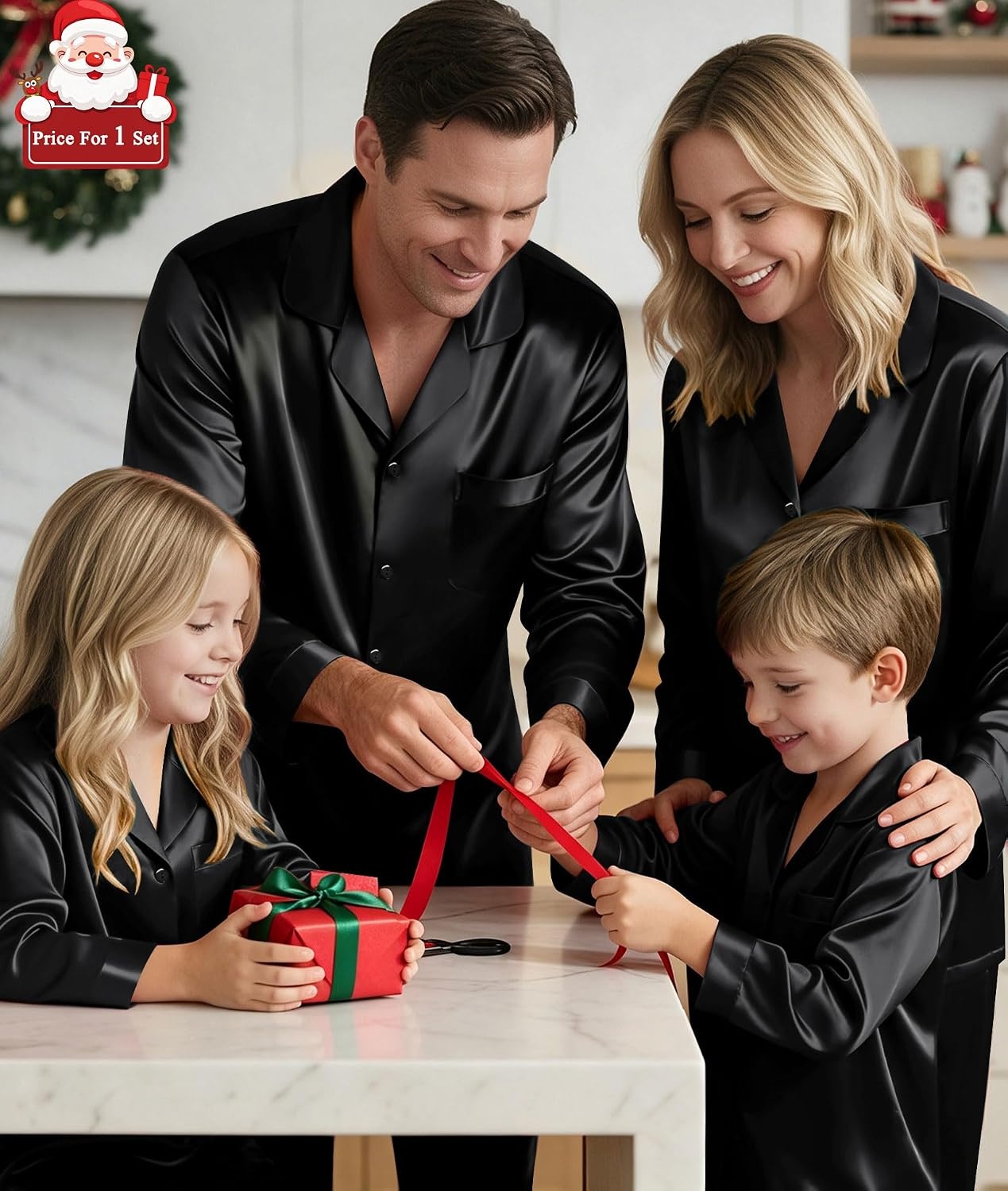 image:imageSWOMOG Matching Family Pajamas Set Silky Satin Christmas Pj Set Long Sleeve Button Down Sleepwear 2 Pcs Couple Matching SetBlack