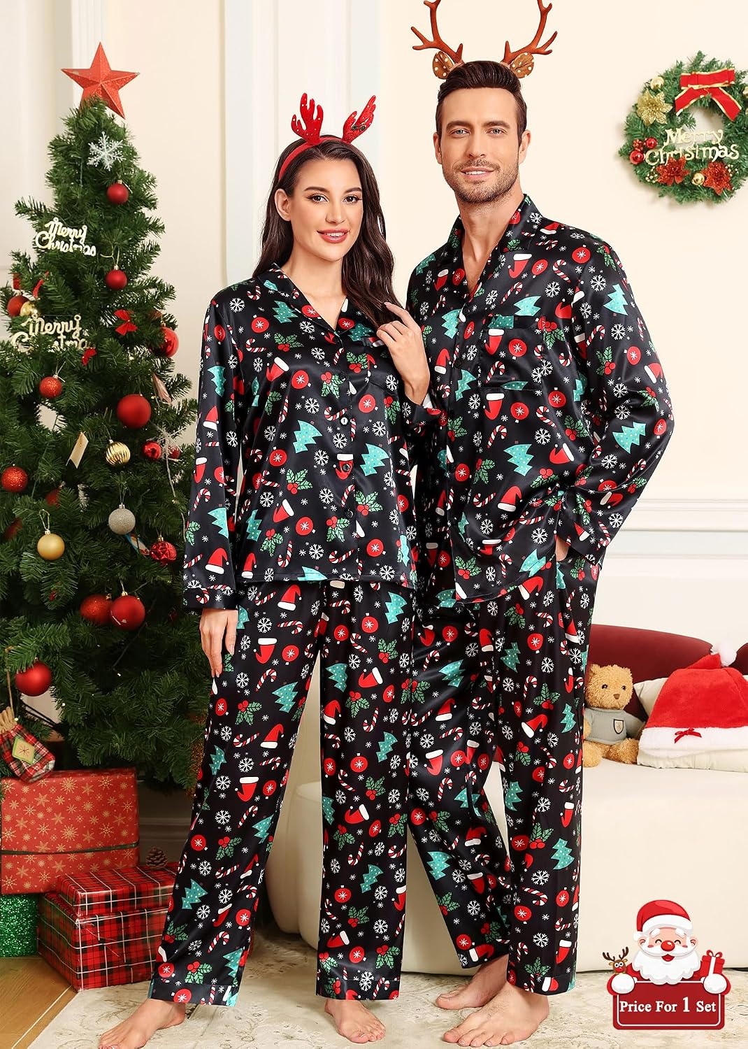 image:imageSWOMOG Matching Family Pajamas Set Silky Satin Christmas Pj Set Long Sleeve Button Down Sleepwear 2 Pcs Couple Matching SetBlack Chirstmas Pattern