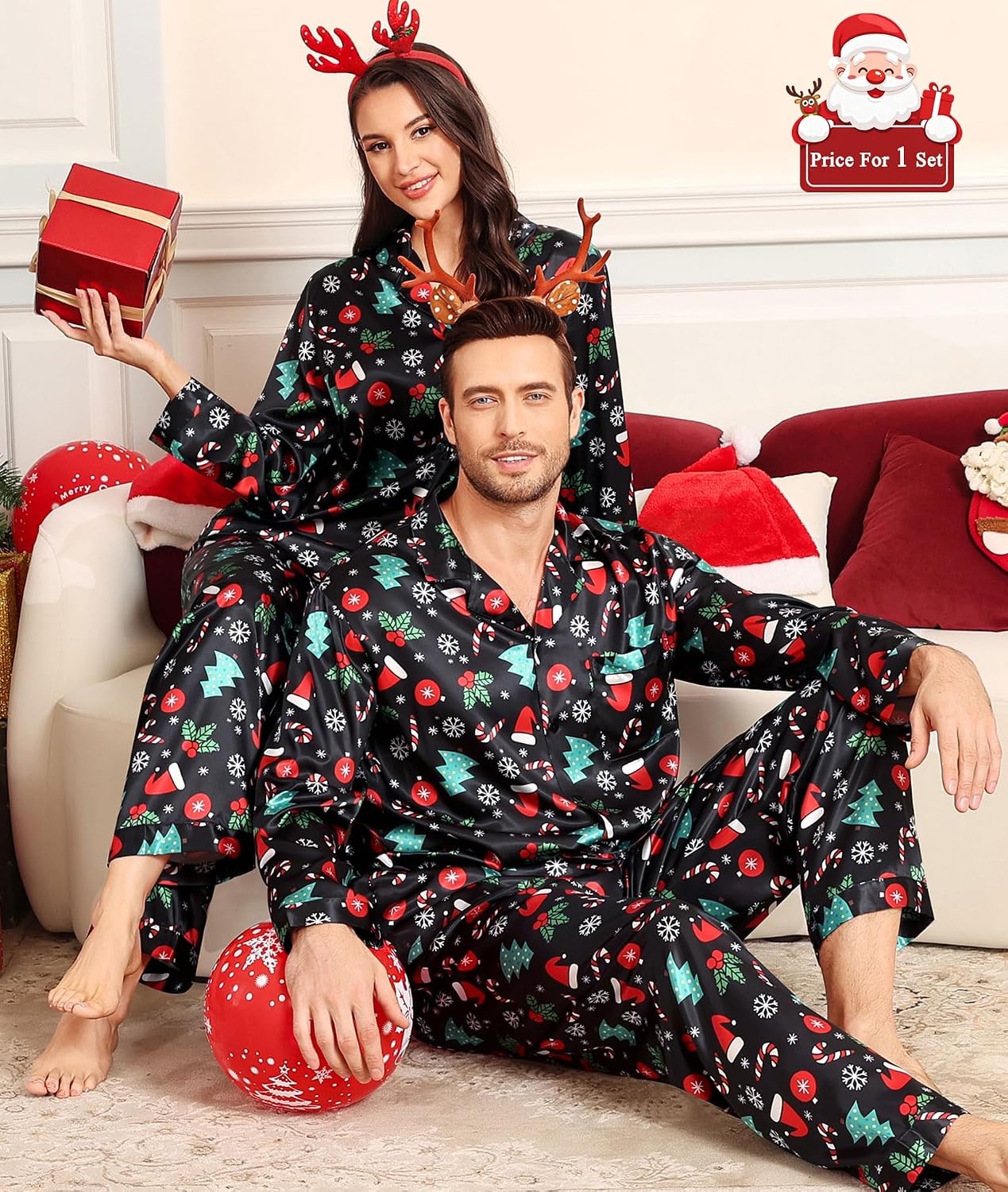 image:imageSWOMOG Matching Family Pajamas Set Silky Satin Christmas Pj Set Long Sleeve Button Down Sleepwear 2 Pcs Couple Matching SetBlack Chirstmas Pattern