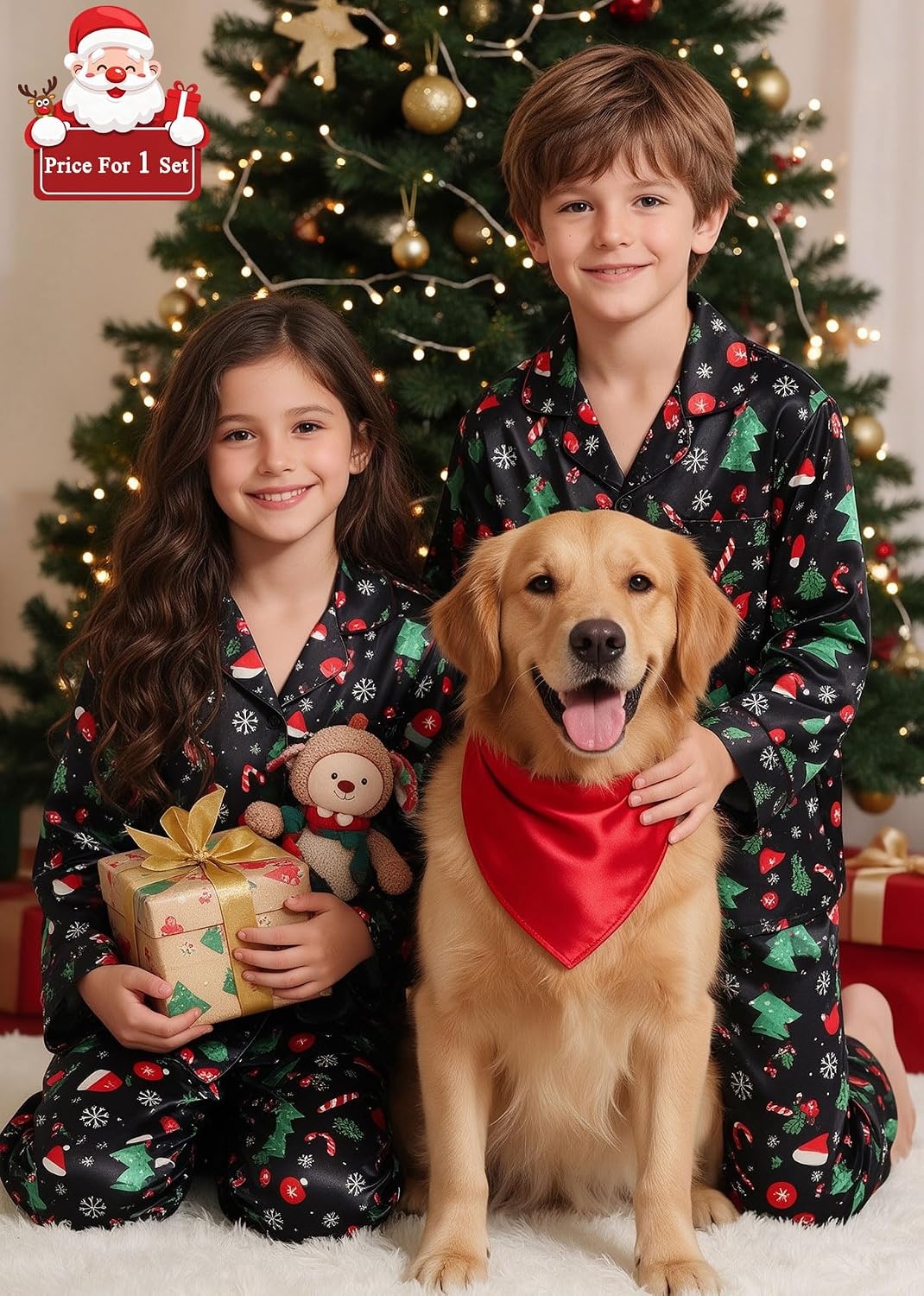 image:imageSWOMOG Matching Family Pajamas Set Silky Satin Christmas Pj Set Long Sleeve Button Down Sleepwear 2 Pcs Couple Matching SetBlack Chirstmas Pattern