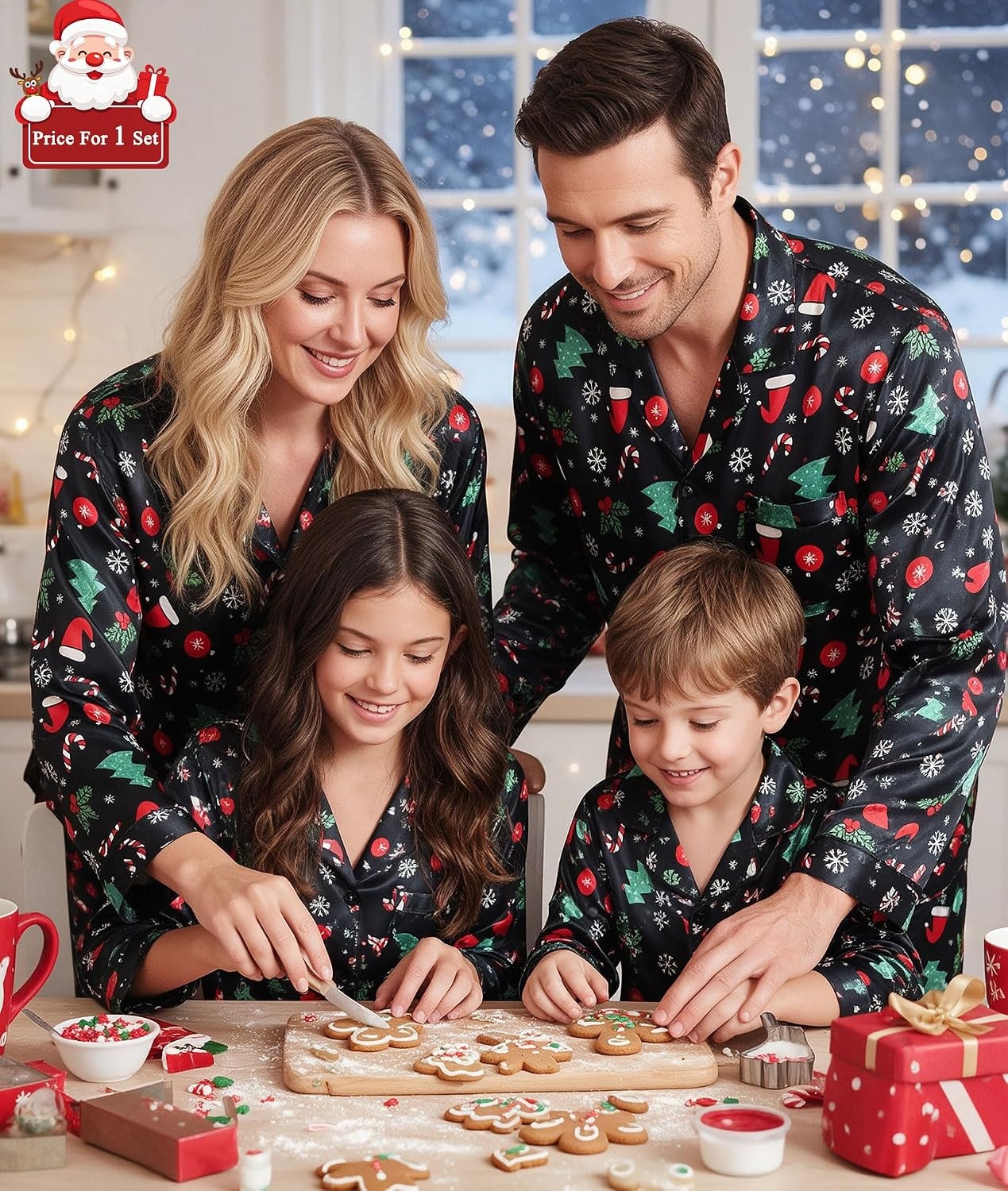image:imageSWOMOG Matching Family Pajamas Set Silky Satin Christmas Pj Set Long Sleeve Button Down Sleepwear 2 Pcs Couple Matching SetBlack Chirstmas Pattern