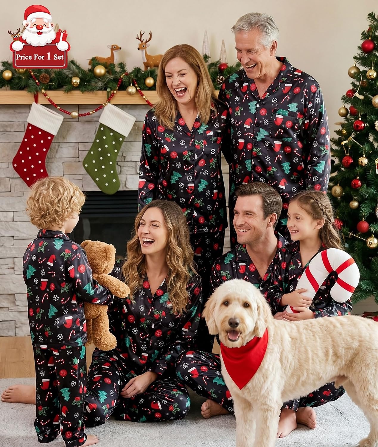image:imageSWOMOG Matching Family Pajamas Set Silky Satin Christmas Pj Set Long Sleeve Button Down Sleepwear 2 Pcs Couple Matching SetBlack Chirstmas Pattern