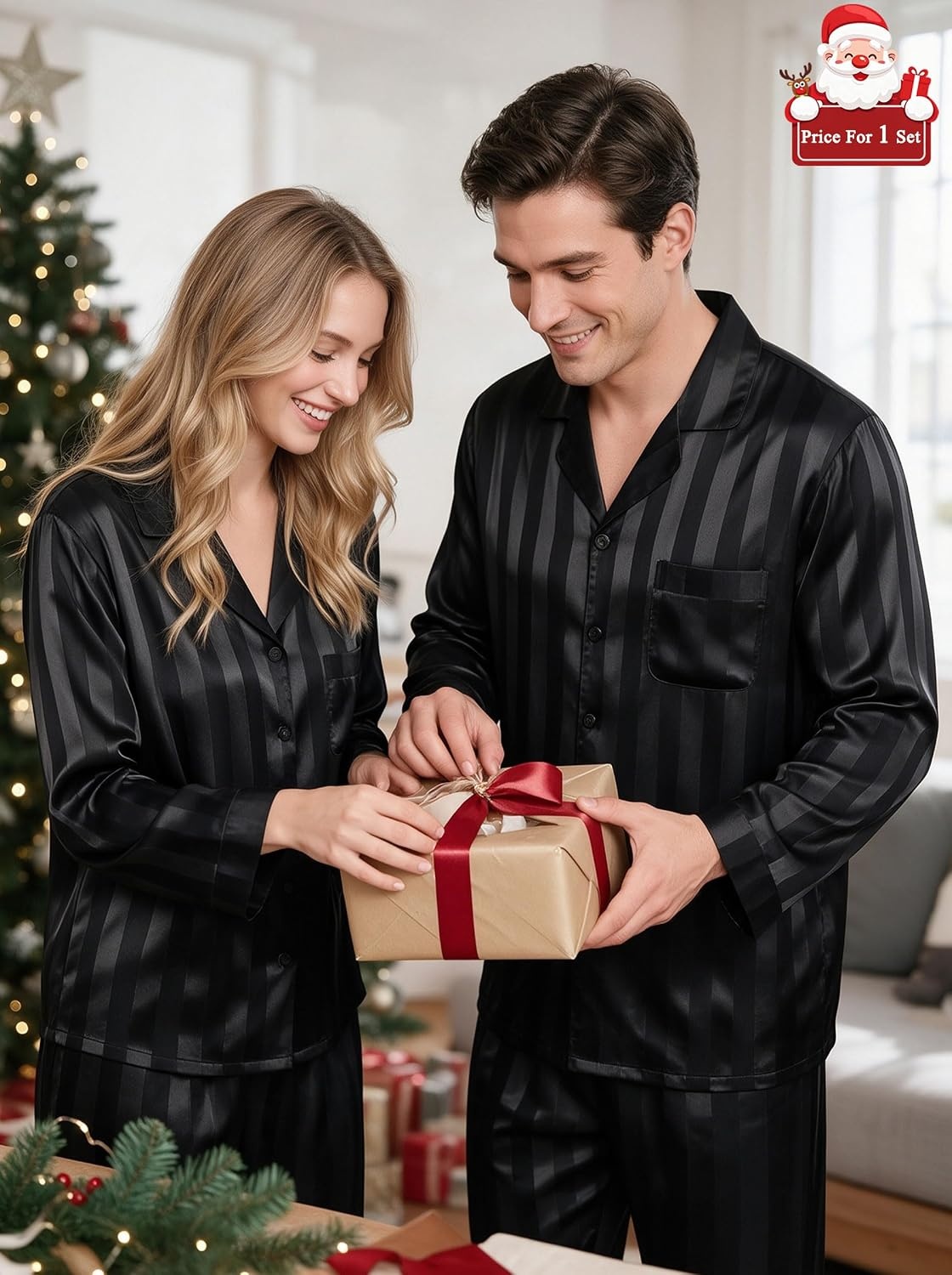 image:imageSWOMOG Matching Family Pajamas Set Silky Satin Christmas Pj Set Long Sleeve Button Down Sleepwear 2 Pcs Couple Matching SetBlack Stripe