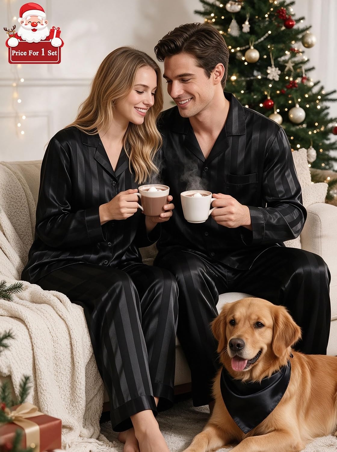 image:imageSWOMOG Matching Family Pajamas Set Silky Satin Christmas Pj Set Long Sleeve Button Down Sleepwear 2 Pcs Couple Matching SetBlack Stripe