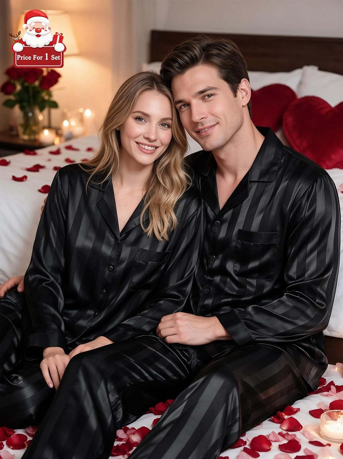 image:imageSWOMOG Matching Family Pajamas Set Silky Satin Christmas Pj Set Long Sleeve Button Down Sleepwear 2 Pcs Couple Matching SetBlack Stripe