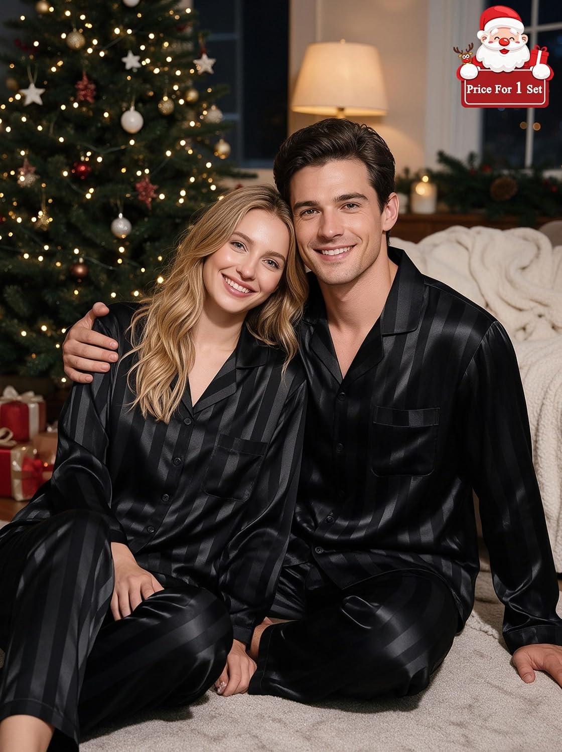 image:imageSWOMOG Matching Family Pajamas Set Silky Satin Christmas Pj Set Long Sleeve Button Down Sleepwear 2 Pcs Couple Matching SetBlack Stripe