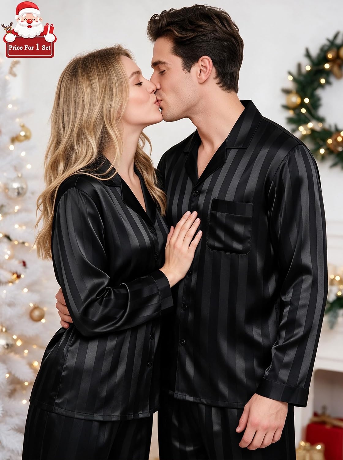 image:imageSWOMOG Matching Family Pajamas Set Silky Satin Christmas Pj Set Long Sleeve Button Down Sleepwear 2 Pcs Couple Matching SetBlack Stripe